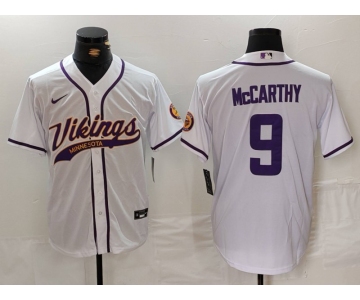 Men's Minnesota Vikings #9 JJ McCarthy White Cool Base Stitched Baseball Jersey