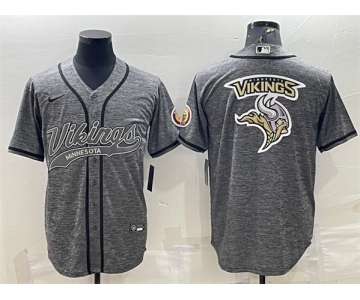 Men's Minnesota Vikings Gray Team Big Logo With Patch Cool Base Stitched Baseball Jersey