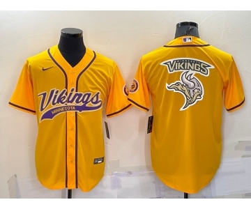 Men's Minnesota Vikings Yellow Team Big Logo With Patch Cool Base Stitched Baseball Jersey