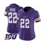 Women's Minnesota Vikings #22 Paul Krause Purple Team Color Vapor Untouchable Limited Player 100th Season Football Jersey