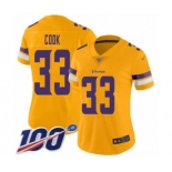 Women's Minnesota Vikings #33 Dalvin Cook Limited Gold Inverted Legend 100th Season Football Jersey