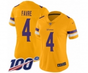 Women's Minnesota Vikings #4 Brett Favre Limited Gold Inverted Legend 100th Season Football Jersey