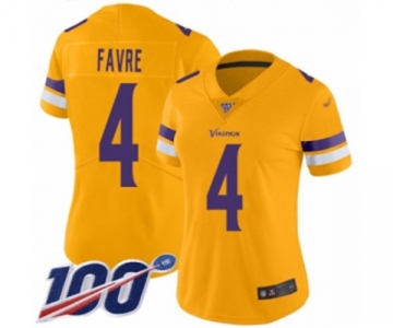 Women's Minnesota Vikings #4 Brett Favre Limited Gold Inverted Legend 100th Season Football Jersey