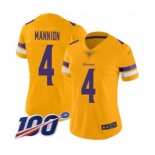 Women's Minnesota Vikings #4 Sean Mannion Limited Gold Inverted Legend 100th Season Football Jersey