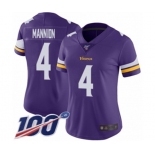 Women's Minnesota Vikings #4 Sean Mannion Purple Team Color Vapor Untouchable Limited Player 100th Season Football Jersey