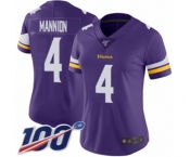 Women's Minnesota Vikings #4 Sean Mannion Purple Team Color Vapor Untouchable Limited Player 100th Season Football Jersey