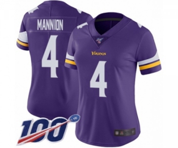 Women's Minnesota Vikings #4 Sean Mannion Purple Team Color Vapor Untouchable Limited Player 100th Season Football Jersey