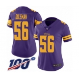 Women's Minnesota Vikings #56 Chris Doleman Limited Purple Rush Vapor Untouchable 100th Season Football Jersey