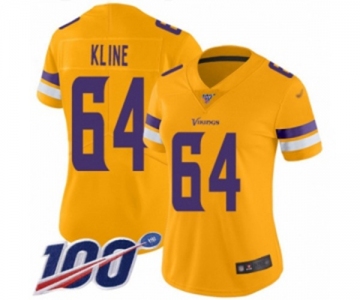 Women's Minnesota Vikings #64 Josh Kline Limited Gold Inverted Legend 100th Season Football Jersey