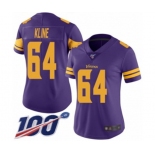 Women's Minnesota Vikings #64 Josh Kline Limited Purple Rush Vapor Untouchable 100th Season Football Jersey