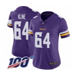 Women's Minnesota Vikings #64 Josh Kline Purple Team Color Vapor Untouchable Limited Player 100th Season Football Jersey