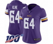 Women's Minnesota Vikings #64 Josh Kline Purple Team Color Vapor Untouchable Limited Player 100th Season Football Jersey