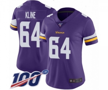 Women's Minnesota Vikings #64 Josh Kline Purple Team Color Vapor Untouchable Limited Player 100th Season Football Jersey