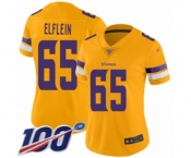 Women's Minnesota Vikings #65 Pat Elflein Limited Gold Inverted Legend 100th Season Football Jersey