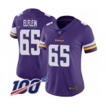 Women's Minnesota Vikings #65 Pat Elflein Purple Team Color Vapor Untouchable Limited Player 100th Season Football Jersey