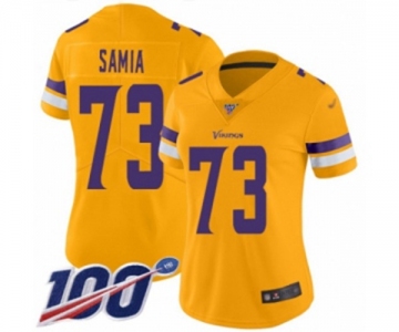 Women's Minnesota Vikings #73 Dru Samia Limited Gold Inverted Legend 100th Season Football Jersey