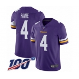 Youth Minnesota Vikings #4 Brett Favre Purple Team Color Vapor Untouchable Limited Player 100th Season Football Jersey