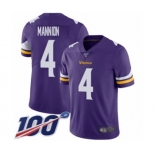 Youth Minnesota Vikings #4 Sean Mannion Purple Team Color Vapor Untouchable Limited Player 100th Season Football Jersey