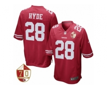 Men San Francisco 49ers #28 Carlos Hyde Nike Scarlet 70th Anniversary Patch Game Jersey