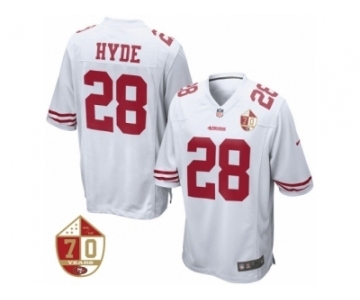 Men San Francisco 49ers #28 Carlos Hyde Nike White 70th Anniversary Patch Game Jersey