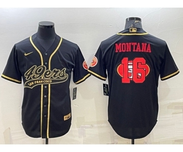 Men's San Francisco 49ers #16 Joe Montana Black Gold Team Big Logo With Patch Cool Base Stitched Baseball Jersey