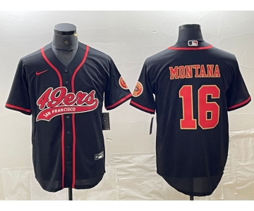 Men's San Francisco 49ers #16 Joe Montana Black Red With Patch Cool Base Stitched Baseball Jersey