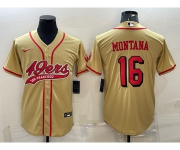 Men's San Francisco 49ers #16 Joe Montana Gold Color Rush With Patch Cool Base Stitched Baseball Jersey