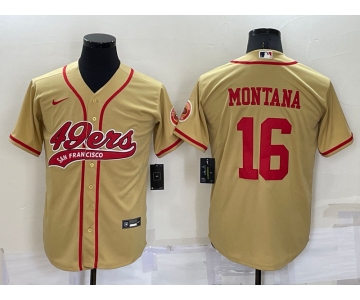 Men's San Francisco 49ers #16 Joe Montana Gold Stitched Cool Base Nike Baseball Jersey