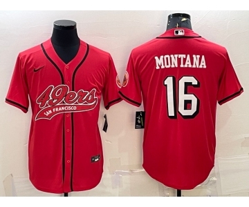 Men's San Francisco 49ers #16 Joe Montana Red Color Rush With Patch Cool Base Stitched Baseball Jersey