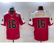 Men's San Francisco 49ers #16 Joe Montana Red Gold FUSE Gate Bridge Patch Vapor Limited Stitched Jersey