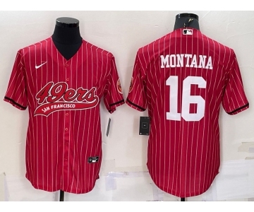 Men's San Francisco 49ers #16 Joe Montana Red Pinstripe With Patch Cool Base Stitched Baseball Jersey