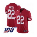 Men's San Francisco 49ers #22 Matt Breida Red Team Color Vapor Untouchable Limited Player 100th Season Football Jersey