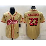 Men's San Francisco 49ers #23 Christian McCaffrey Gold Color Rush With Patch Cool Base Stitched Baseball Jersey