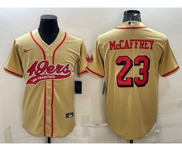 Men's San Francisco 49ers #23 Christian McCaffrey Gold Color Rush With Patch Cool Base Stitched Baseball Jersey