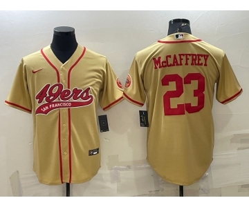 Men's San Francisco 49ers #23 Christian McCaffrey Gold With Patch Cool Base Stitched Baseball Jersey