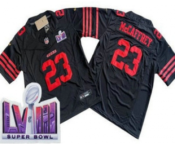 Men's San Francisco 49ers #23 Christian McCaffrey Limited Black LVIII Super Bowl FUSE Vapor JerseyMen's San Francisco 49ers #23 Christian McCaffrey Limited