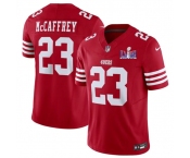 Men's San Francisco 49ers #23 Christian McCaffrey Red 2024 F.U.S.E. Super Bowl LVIII Patch Vapor Untouchable Limited Football Stitched Jersey