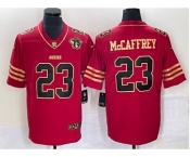 Men's San Francisco 49ers #23 Christian McCaffrey Red 75th Patch Golden Edition Stitched Nike Limited Jersey