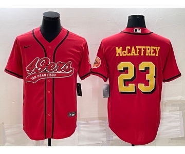 Men's San Francisco 49ers #23 Christian McCaffrey Red Gold With Patch Cool Base Stitched Baseball Jersey