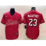 Men's San Francisco 49ers #23 Christian McCaffrey Red Pinstripe Color Rush With Patch Cool Base Stitched Baseball Jersey