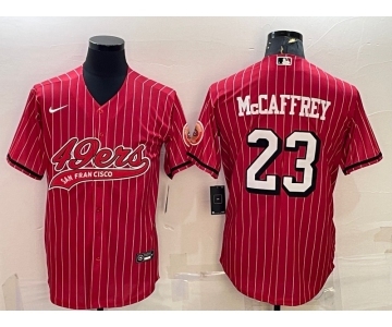 Men's San Francisco 49ers #23 Christian McCaffrey Red Pinstripe Color Rush With Patch Cool Base Stitched Baseball Jersey