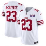 Men's San Francisco 49ers #23 Christian McCaffrey White 2024 F.U.S.E. Super Bowl LVIII Patch Vapor Untouchable Limited Football Stitched Jersey