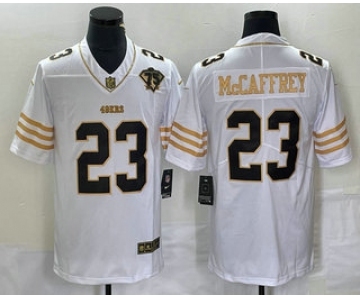 Men's San Francisco 49ers #23 Christian McCaffrey White 75th Patch Golden Edition Stitched Nike Limited Jersey