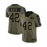 Men's San Francisco 49ers #42 Ronnie Lott 2021 Olive Camo Salute To Service Golden Limited Stitched Football Jersey