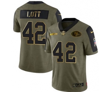 Men's San Francisco 49ers #42 Ronnie Lott 2021 Olive Camo Salute To Service Golden Limited Stitched Football Jersey