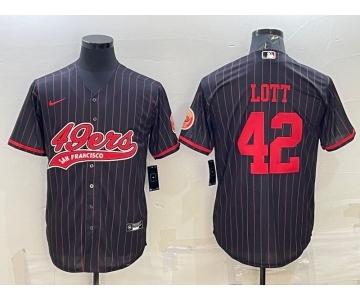 Men's San Francisco 49ers #42 Ronnie Lott Black Pinstripe With Patch Cool Base Stitched Baseball Jersey