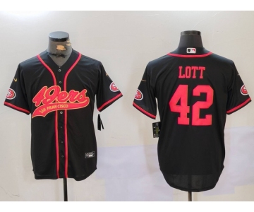 Men's San Francisco 49ers #42 Ronnie Lott Black With Patch Cool Base Stitched Baseball Jersey