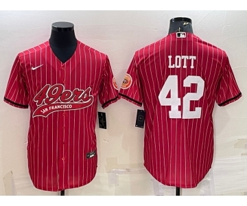 Men's San Francisco 49ers #42 Ronnie Lott Red Pinstripe With Patch Cool Base Stitched Baseball Jersey