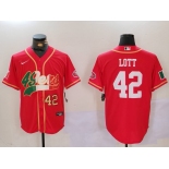 Men's San Francisco 49ers #42 Ronnie Lott Red With Patch Cool Base Stitched Baseball Jersey