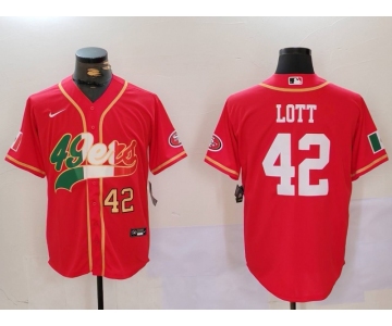 Men's San Francisco 49ers #42 Ronnie Lott Red With Patch Cool Base Stitched Baseball Jersey